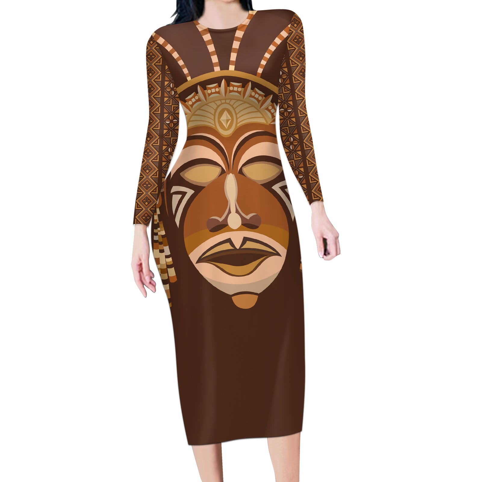 African Women Long Sleeve Bodycon Dress Tribal Ethnic Mask - Wonder Print Shop