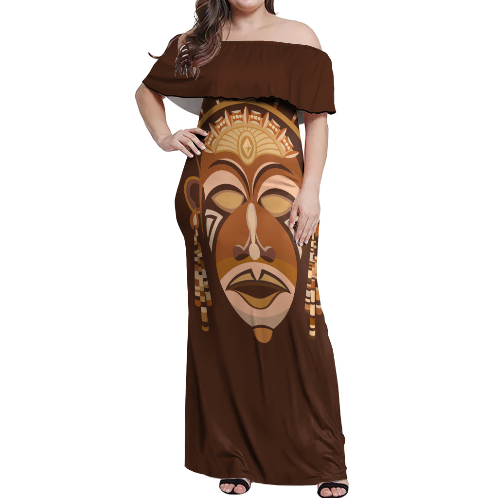 African Women Off Shoulder Maxi Dress Tribal Ethnic Mask - Wonder Print Shop