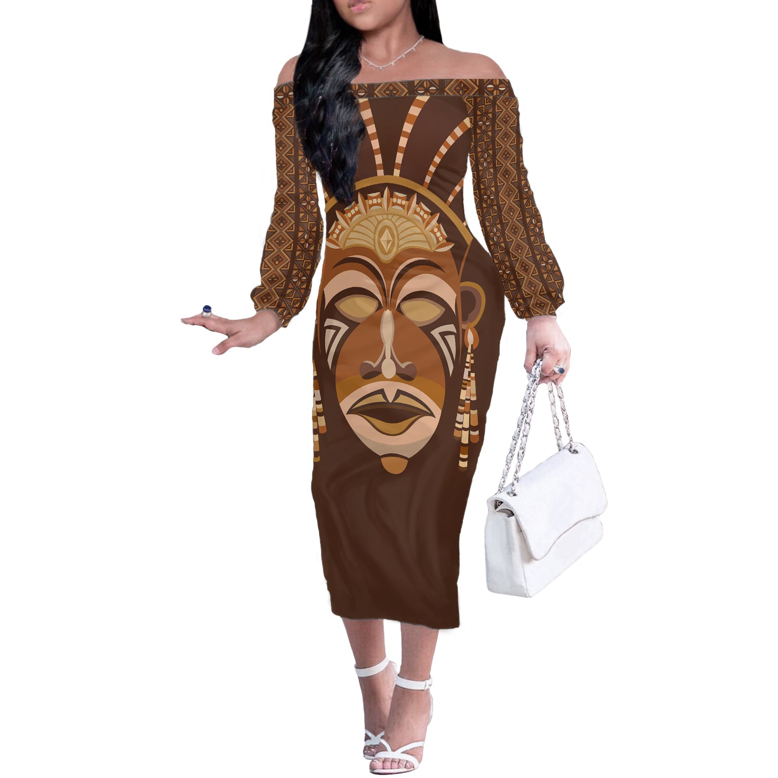 African Women Off The Shoulder Long Sleeve Dress Tribal Ethnic Mask - Wonder Print Shop