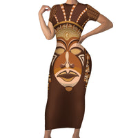 African Women Short Sleeve Bodycon Dress Tribal Ethnic Mask - Wonder Print Shop