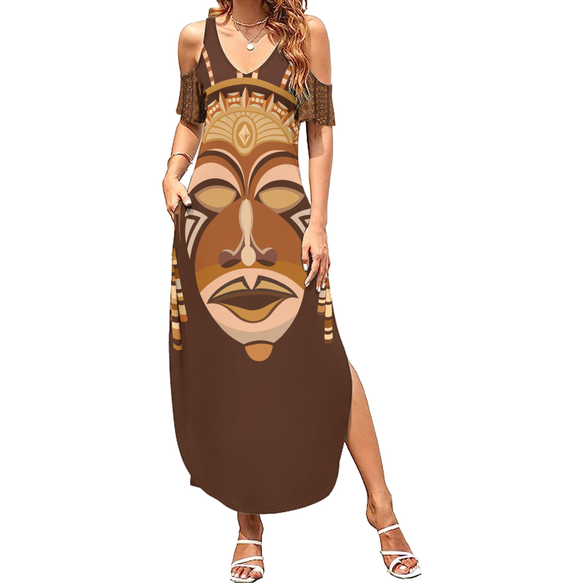 African Women Summer Maxi Dress Tribal Ethnic Mask - Wonder Print Shop