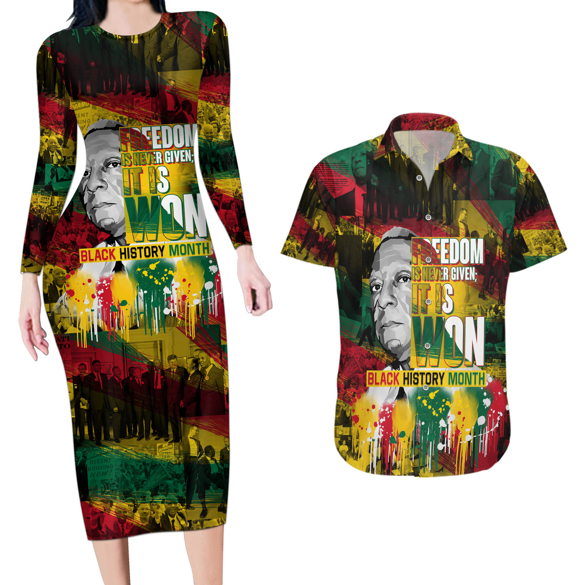 Freedom Is Never Given It Is Won Couples Matching Long Sleeve Bodycon Dress and Hawaiian Shirt Asa Philip Randolph - Wonder Print Shop