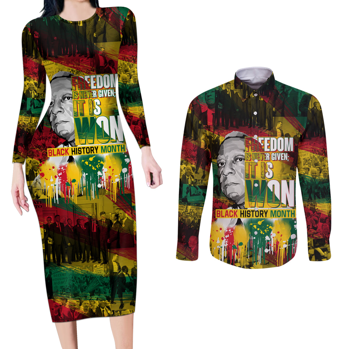 Freedom Is Never Given It Is Won Couples Matching Long Sleeve Bodycon Dress and Long Sleeve Button Shirt Asa Philip Randolph - Wonder Print Shop