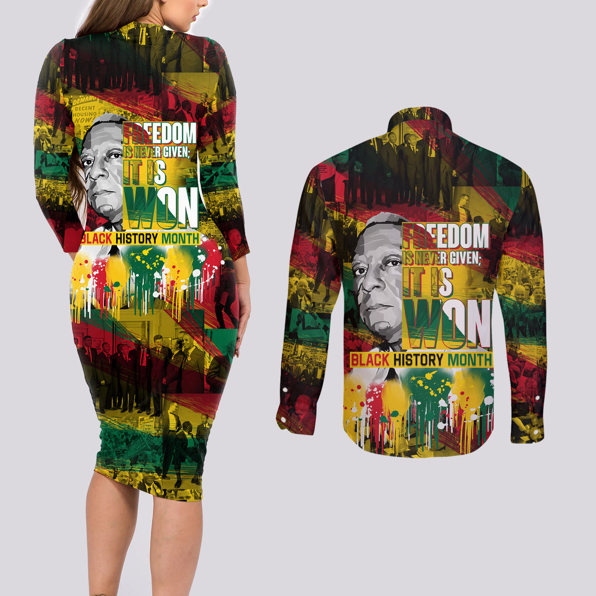Freedom Is Never Given It Is Won Couples Matching Long Sleeve Bodycon Dress and Long Sleeve Button Shirt Asa Philip Randolph - Wonder Print Shop