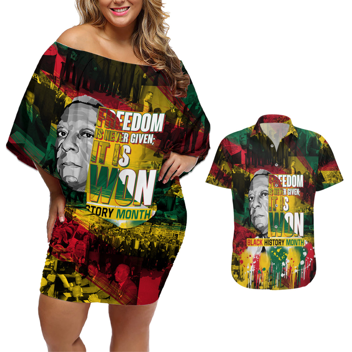 Freedom Is Never Given It Is Won Couples Matching Off Shoulder Short Dress and Hawaiian Shirt Asa Philip Randolph - Wonder Print Shop