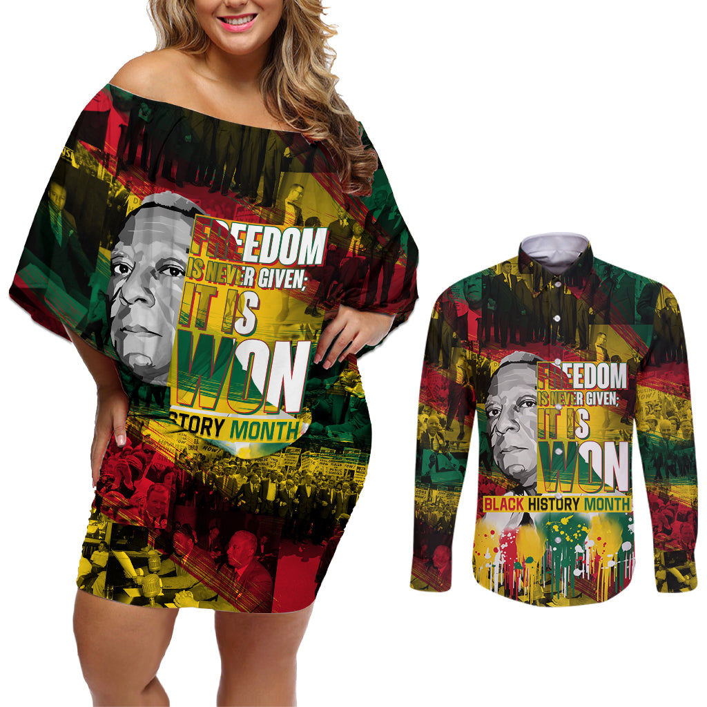 Freedom Is Never Given It Is Won Couples Matching Off Shoulder Short Dress and Long Sleeve Button Shirt Asa Philip Randolph - Wonder Print Shop