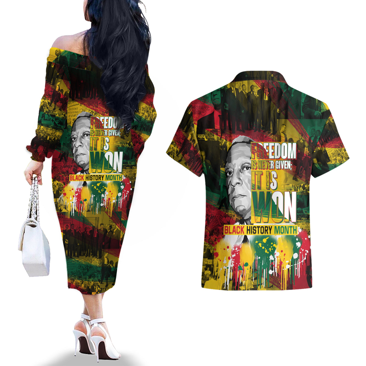 Freedom Is Never Given It Is Won Couples Matching Off The Shoulder Long Sleeve Dress and Hawaiian Shirt Asa Philip Randolph - Wonder Print Shop