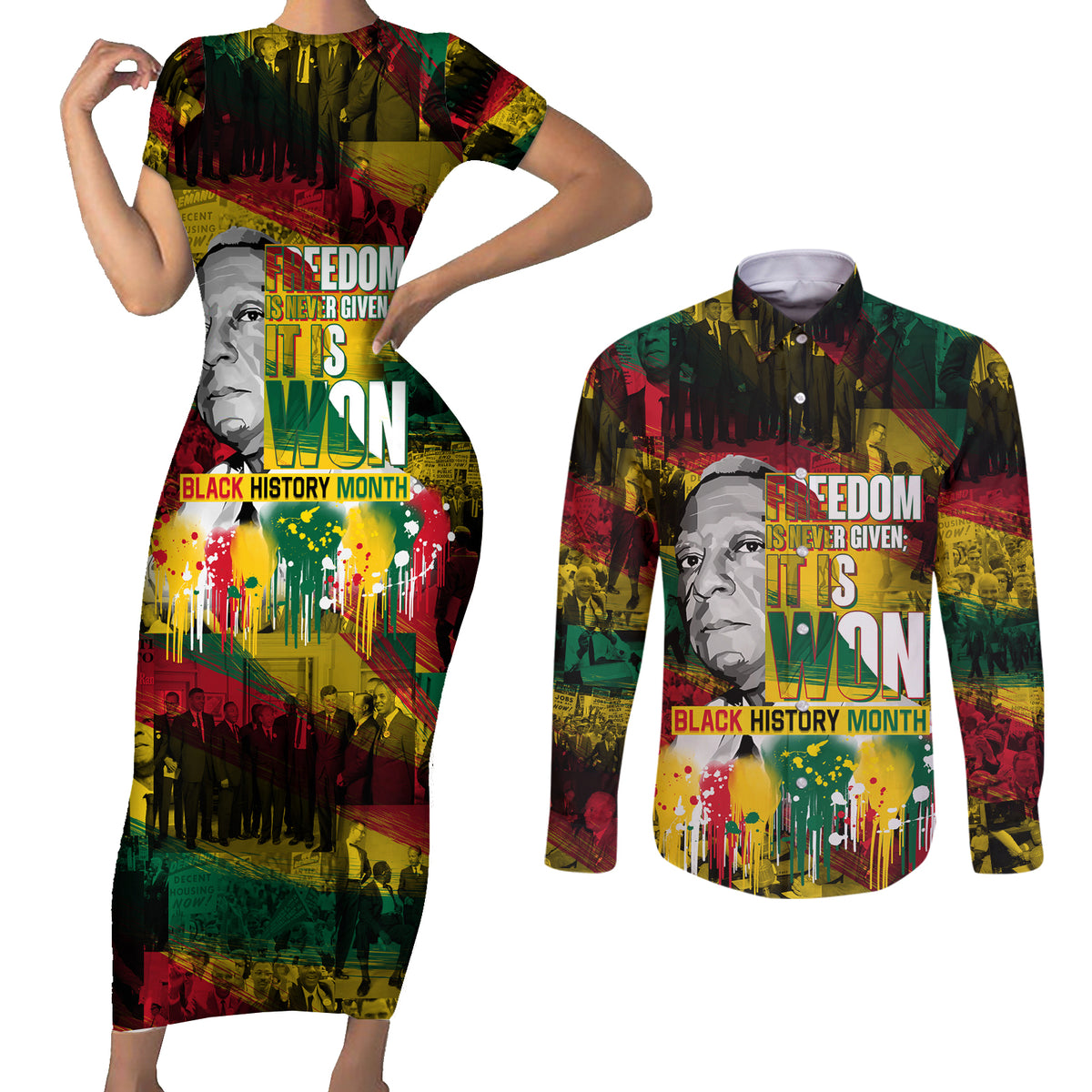 Freedom Is Never Given It Is Won Couples Matching Short Sleeve Bodycon Dress and Long Sleeve Button Shirt Asa Philip Randolph - Wonder Print Shop