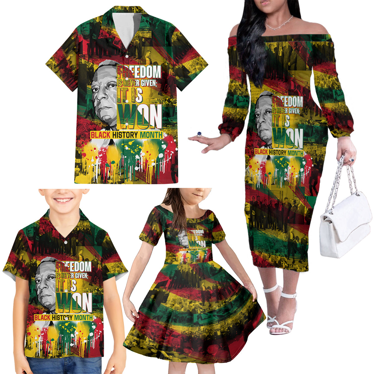 Freedom Is Never Given It Is Won Family Matching Off Shoulder Long Sleeve Dress and Hawaiian Shirt Asa Philip Randolph - Wonder Print Shop