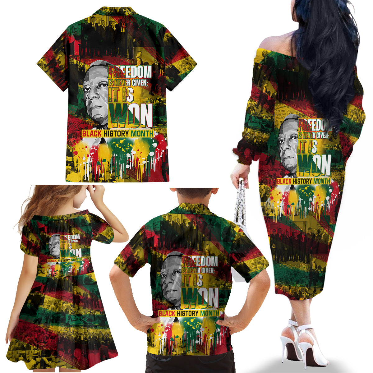Freedom Is Never Given It Is Won Family Matching Off Shoulder Long Sleeve Dress and Hawaiian Shirt Asa Philip Randolph - Wonder Print Shop