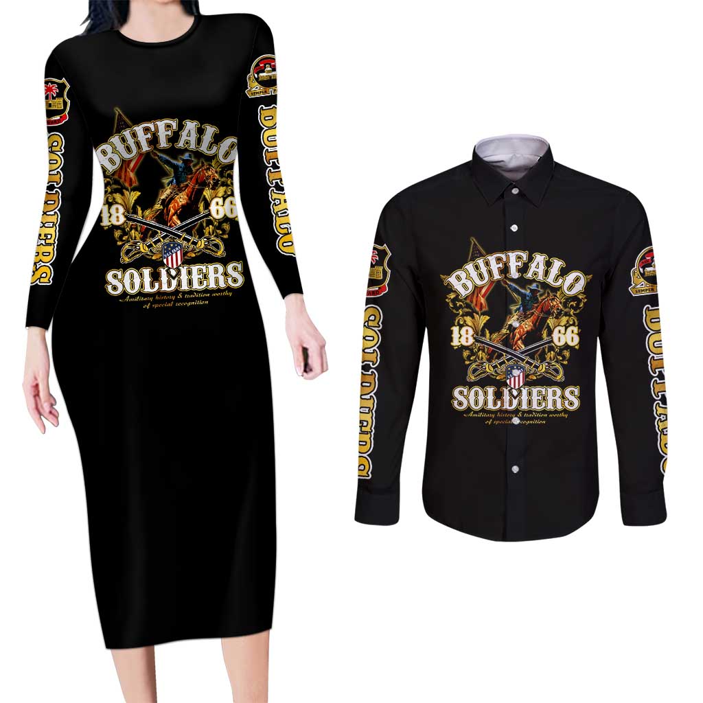 Buffalo Soldiers 1866-1944 Couples Matching Long Sleeve Bodycon Dress and Long Sleeve Button Shirt American Legend