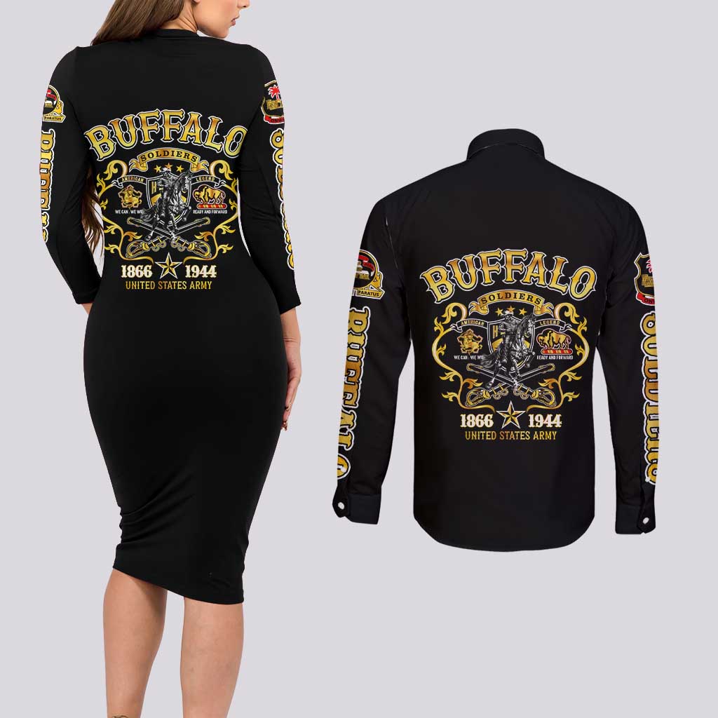 Buffalo Soldiers 1866-1944 Couples Matching Long Sleeve Bodycon Dress and Long Sleeve Button Shirt American Legend