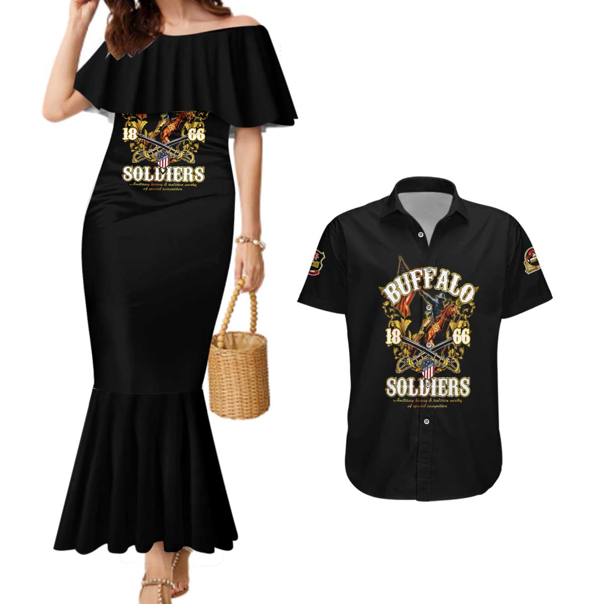 Buffalo Soldiers 1866-1944 Couples Matching Mermaid Dress and Hawaiian Shirt American Legend