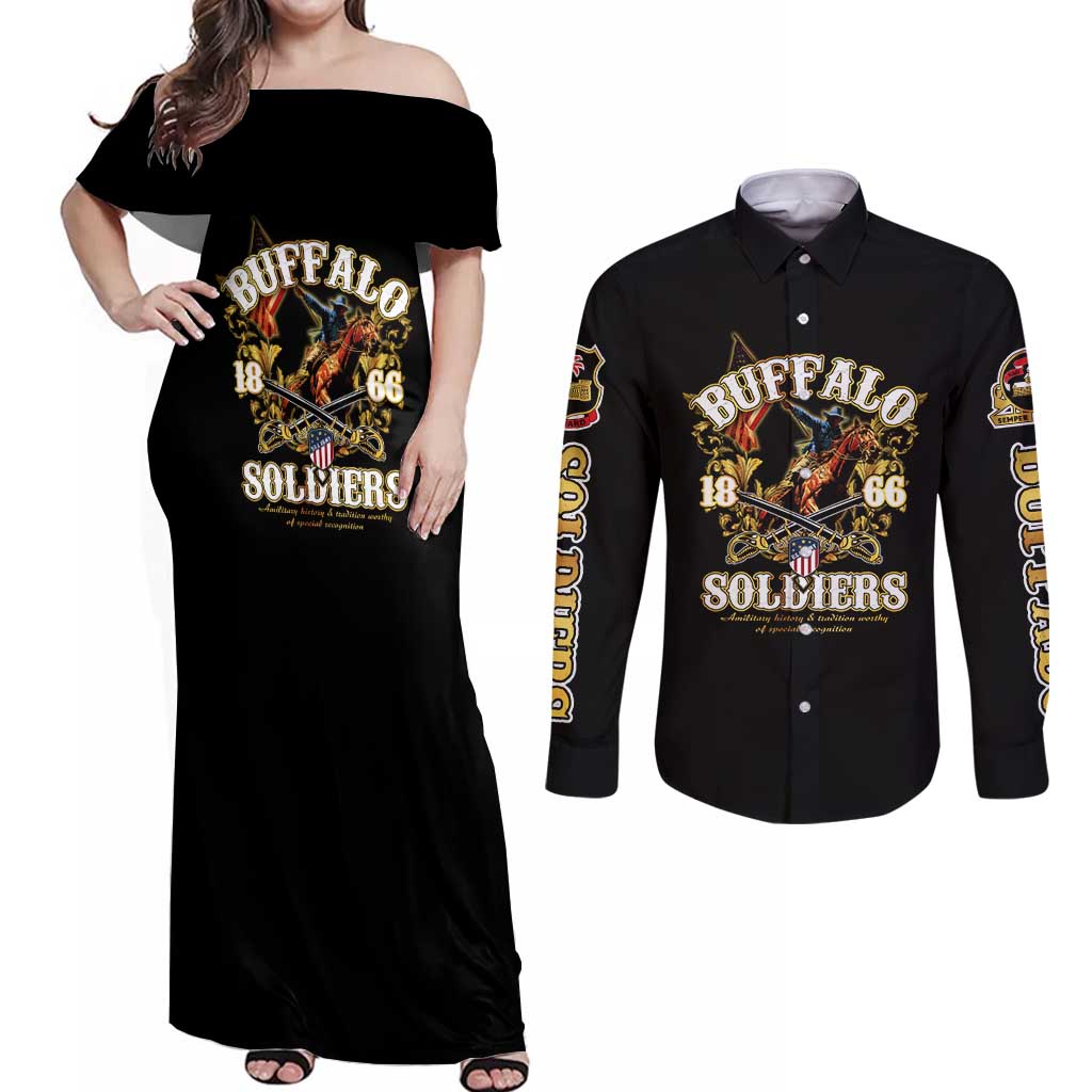 Buffalo Soldiers 1866-1944 Couples Matching Off Shoulder Maxi Dress and Long Sleeve Button Shirt American Legend