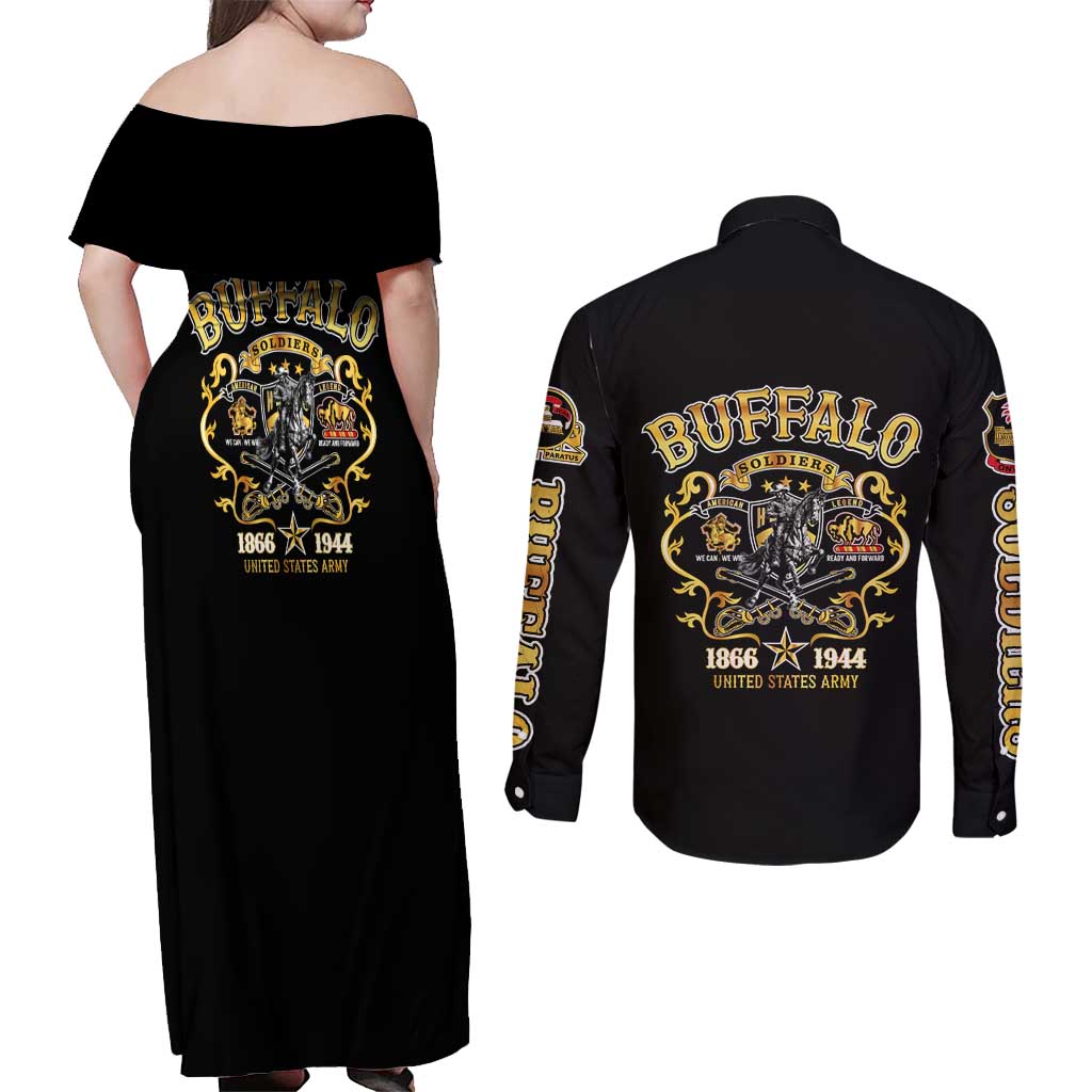 Buffalo Soldiers 1866-1944 Couples Matching Off Shoulder Maxi Dress and Long Sleeve Button Shirt American Legend