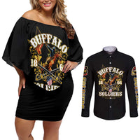 Buffalo Soldiers 1866-1944 Couples Matching Off Shoulder Short Dress and Long Sleeve Button Shirt American Legend