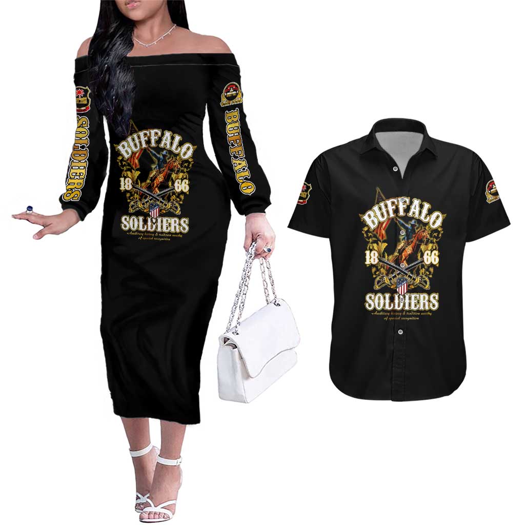 Buffalo Soldiers 1866-1944 Couples Matching Off The Shoulder Long Sleeve Dress and Hawaiian Shirt American Legend