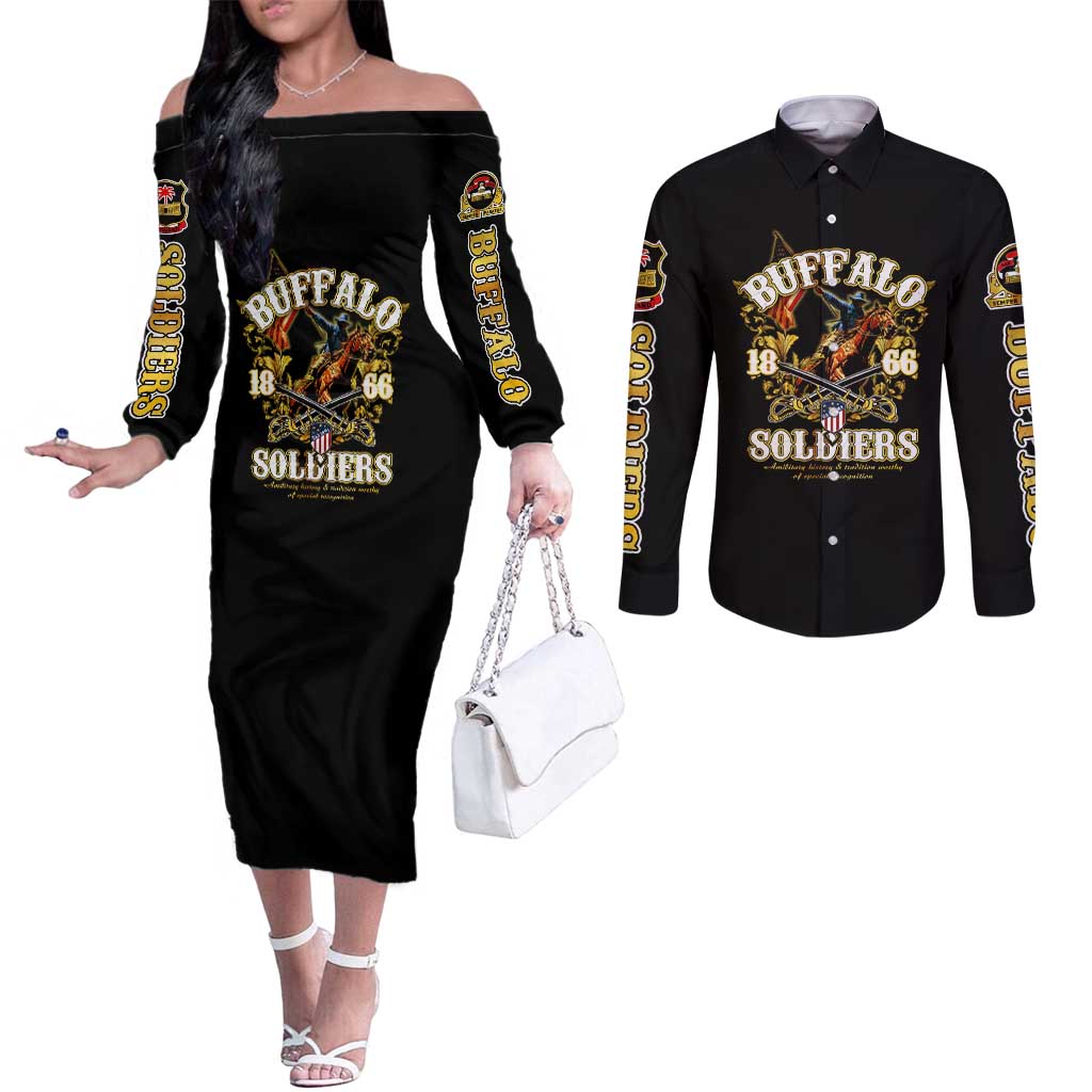 Buffalo Soldiers 1866-1944 Couples Matching Off The Shoulder Long Sleeve Dress and Long Sleeve Button Shirt American Legend