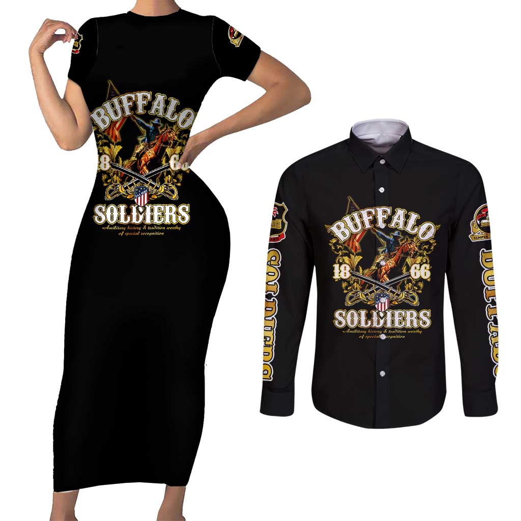 Buffalo Soldiers 1866-1944 Couples Matching Short Sleeve Bodycon Dress and Long Sleeve Button Shirt American Legend