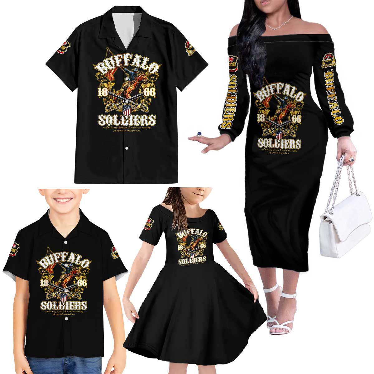 Buffalo Soldiers 1866-1944 Family Matching Off The Shoulder Long Sleeve Dress and Hawaiian Shirt American Legend