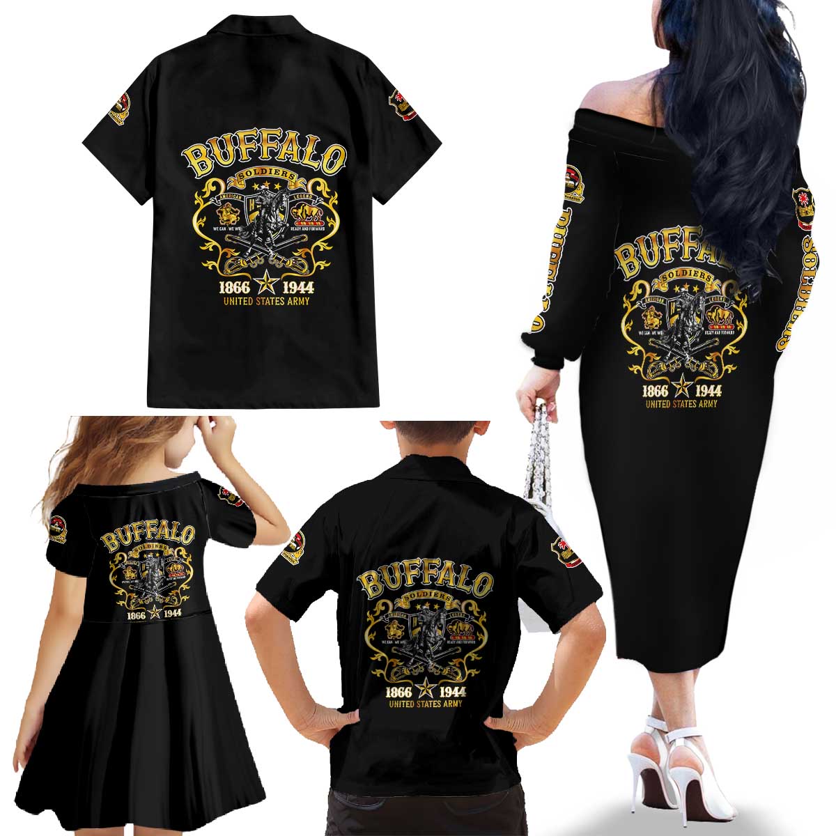 Buffalo Soldiers 1866-1944 Family Matching Off The Shoulder Long Sleeve Dress and Hawaiian Shirt American Legend