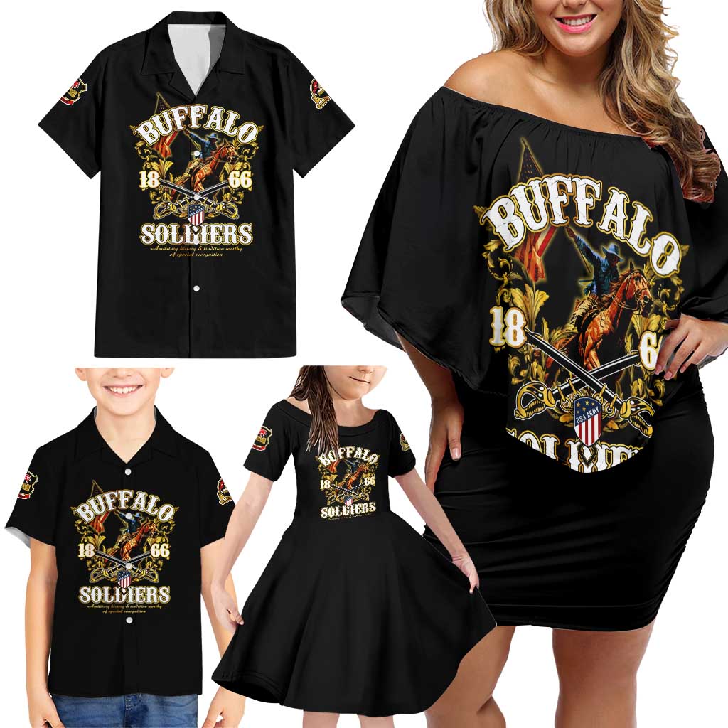 Buffalo Soldiers 1866-1944 Family Matching Off Shoulder Short Dress and Hawaiian Shirt American Legend