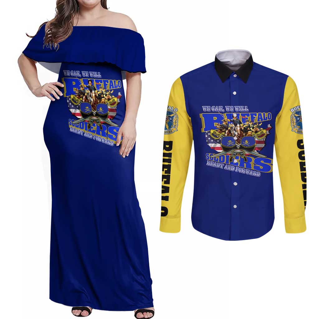 We Can We Will Buffalo Soldiers Couples Matching Off Shoulder Maxi Dress and Long Sleeve Button Shirt Ready and Forward