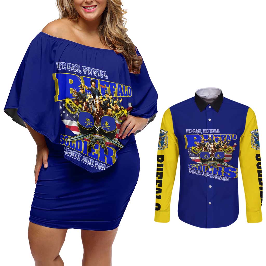 We Can We Will Buffalo Soldiers Couples Matching Off Shoulder Short Dress and Long Sleeve Button Shirt Ready and Forward