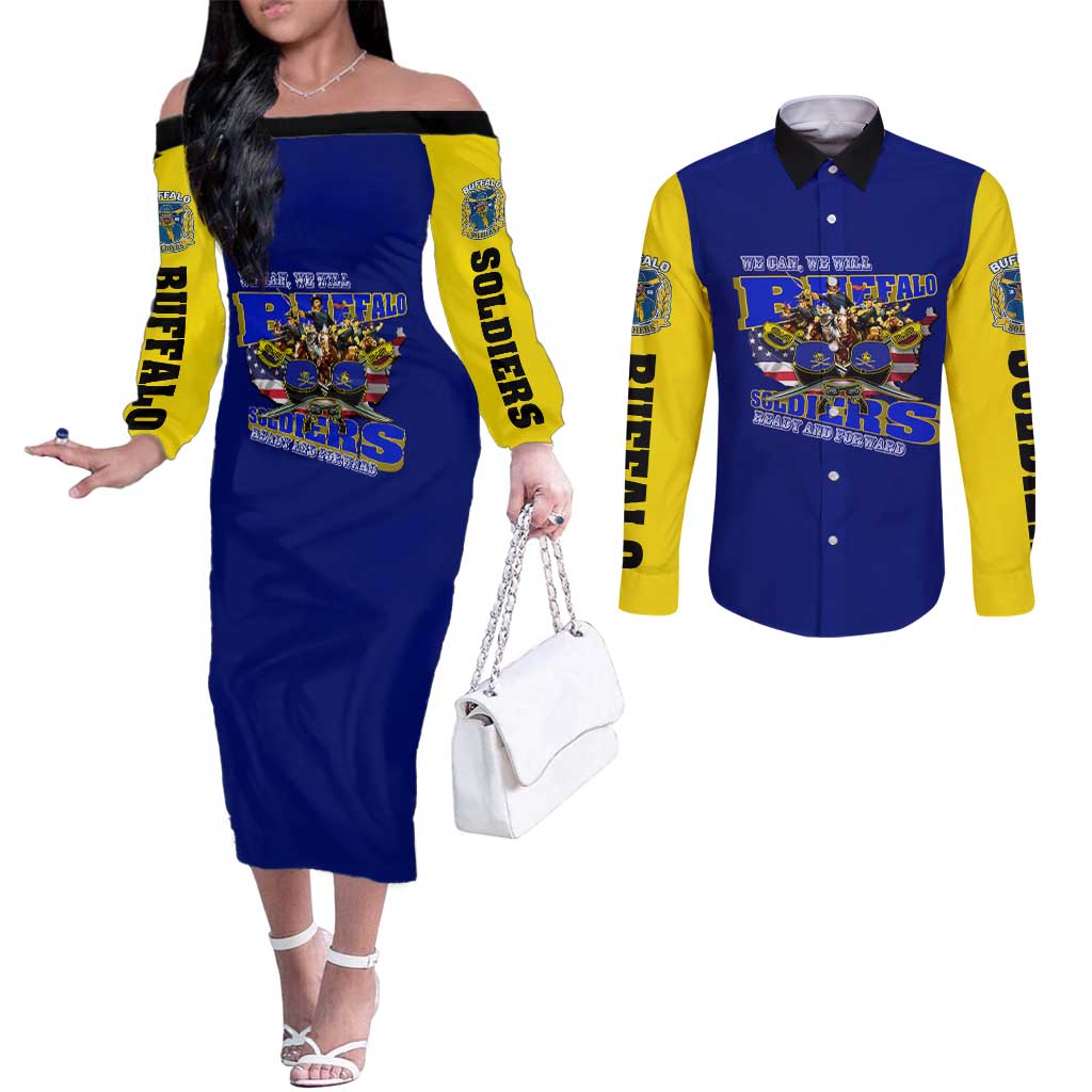 We Can We Will Buffalo Soldiers Couples Matching Off The Shoulder Long Sleeve Dress and Long Sleeve Button Shirt Ready and Forward