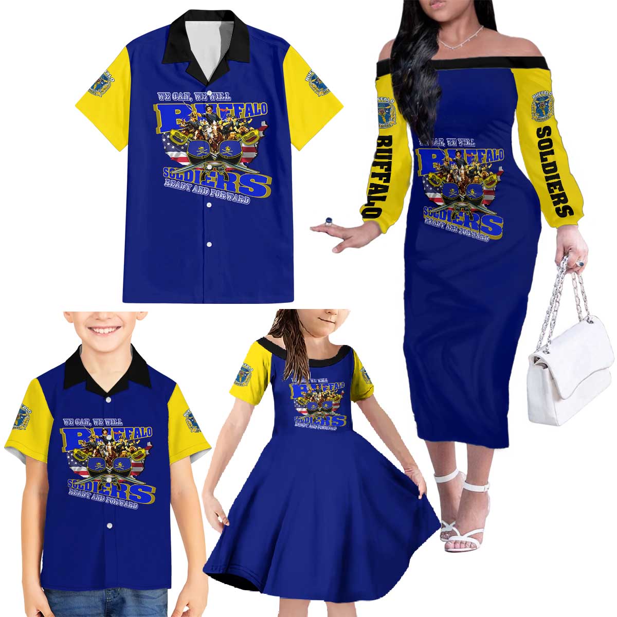 We Can We Will Buffalo Soldiers Family Matching Off The Shoulder Long Sleeve Dress and Hawaiian Shirt Ready and Forward