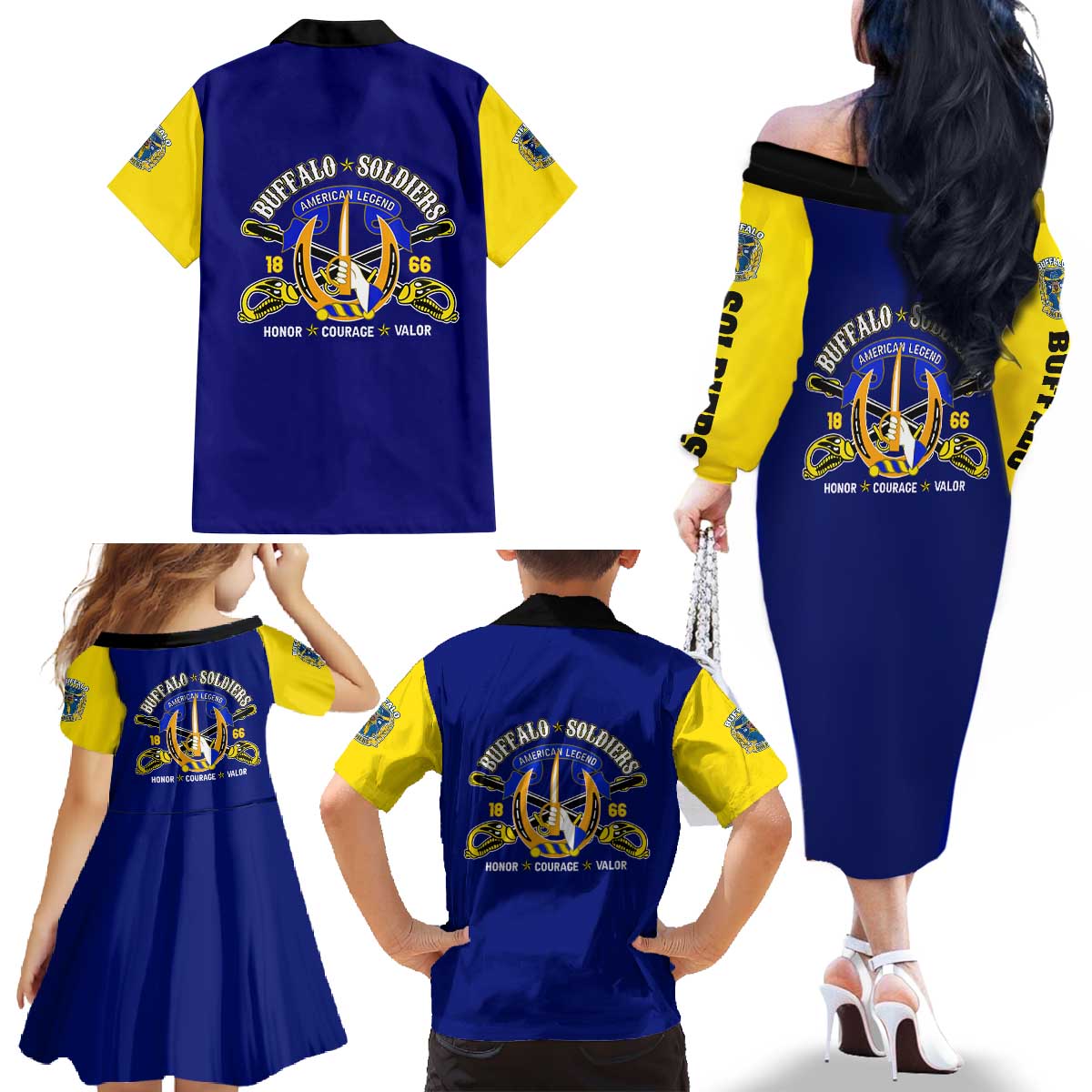 We Can We Will Buffalo Soldiers Family Matching Off The Shoulder Long Sleeve Dress and Hawaiian Shirt Ready and Forward