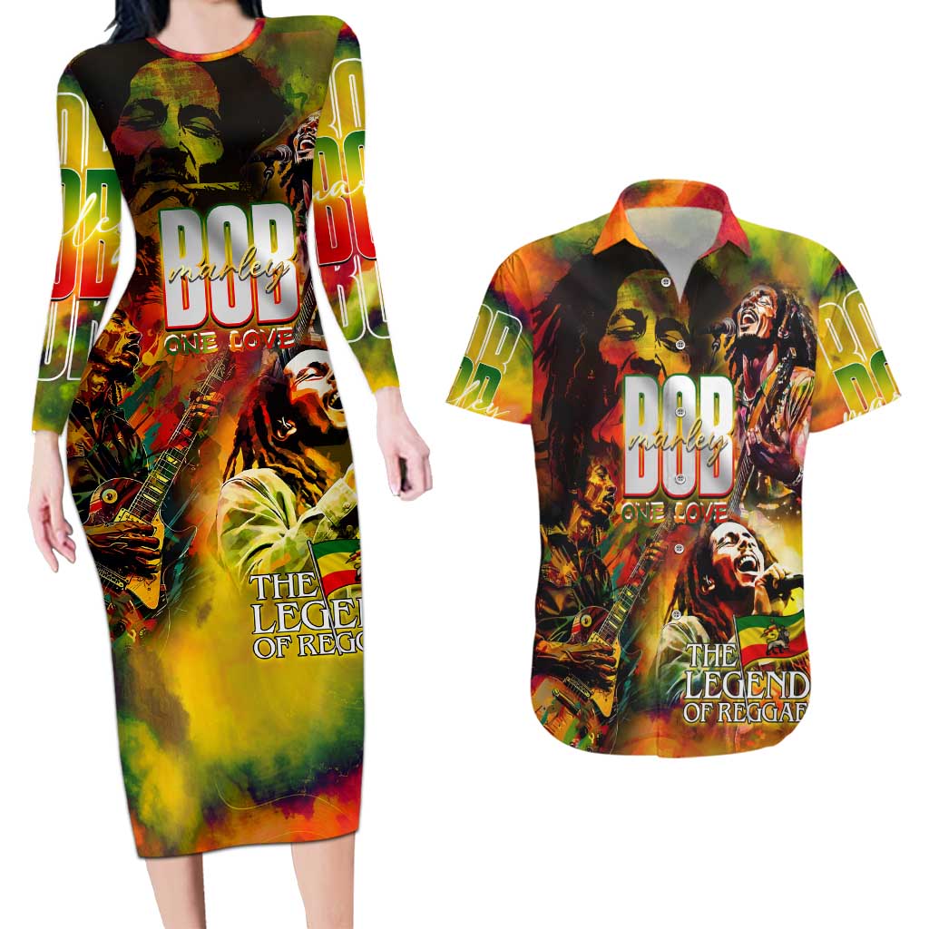 The Legend of Reggae Couples Matching Long Sleeve Bodycon Dress and Hawaiian Shirt Bob One Love Colorful Art