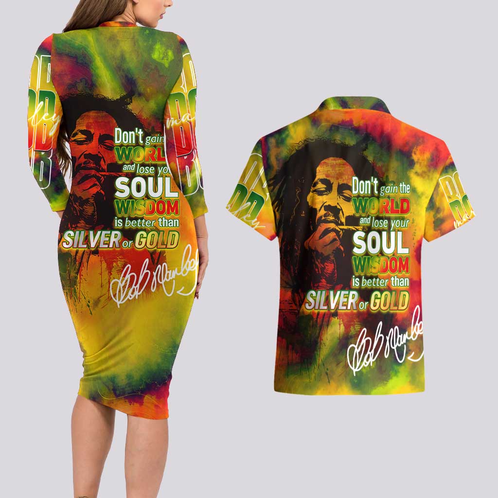 The Legend of Reggae Couples Matching Long Sleeve Bodycon Dress and Hawaiian Shirt Bob One Love Colorful Art