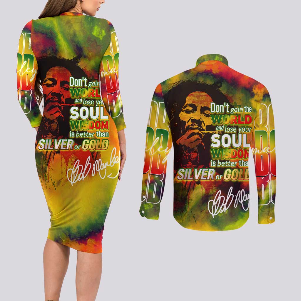 The Legend of Reggae Couples Matching Long Sleeve Bodycon Dress and Long Sleeve Button Shirt Bob One Love Colorful Art
