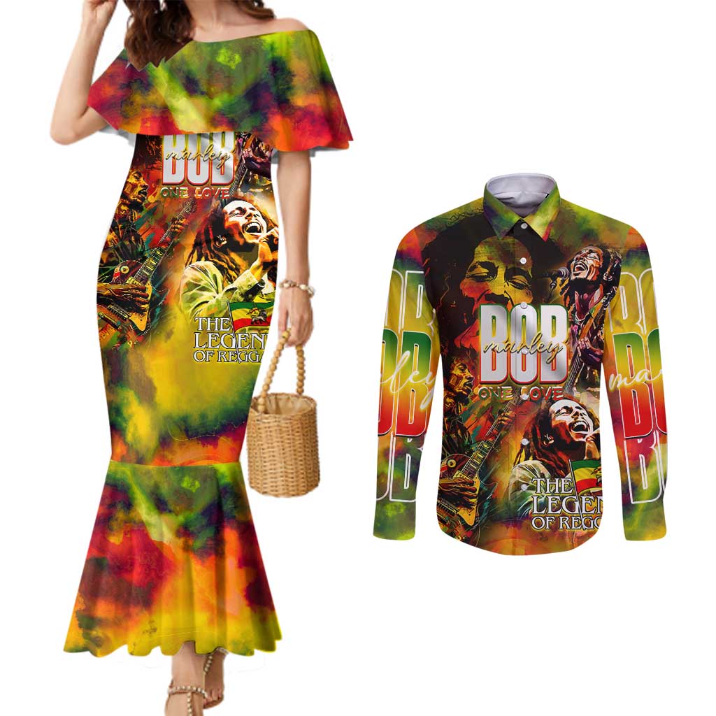 The Legend of Reggae Couples Matching Mermaid Dress and Long Sleeve Button Shirt Bob One Love Colorful Art