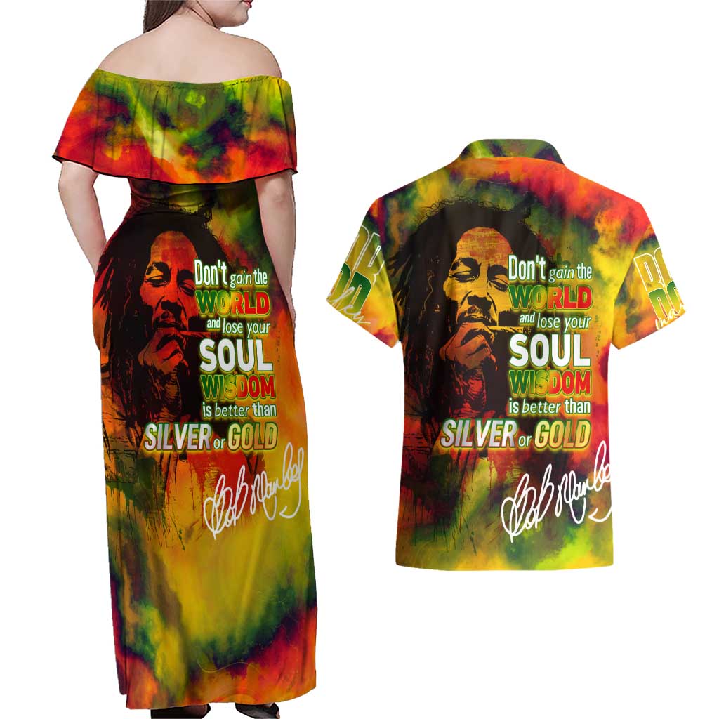 The Legend of Reggae Couples Matching Off Shoulder Maxi Dress and Hawaiian Shirt Bob One Love Colorful Art