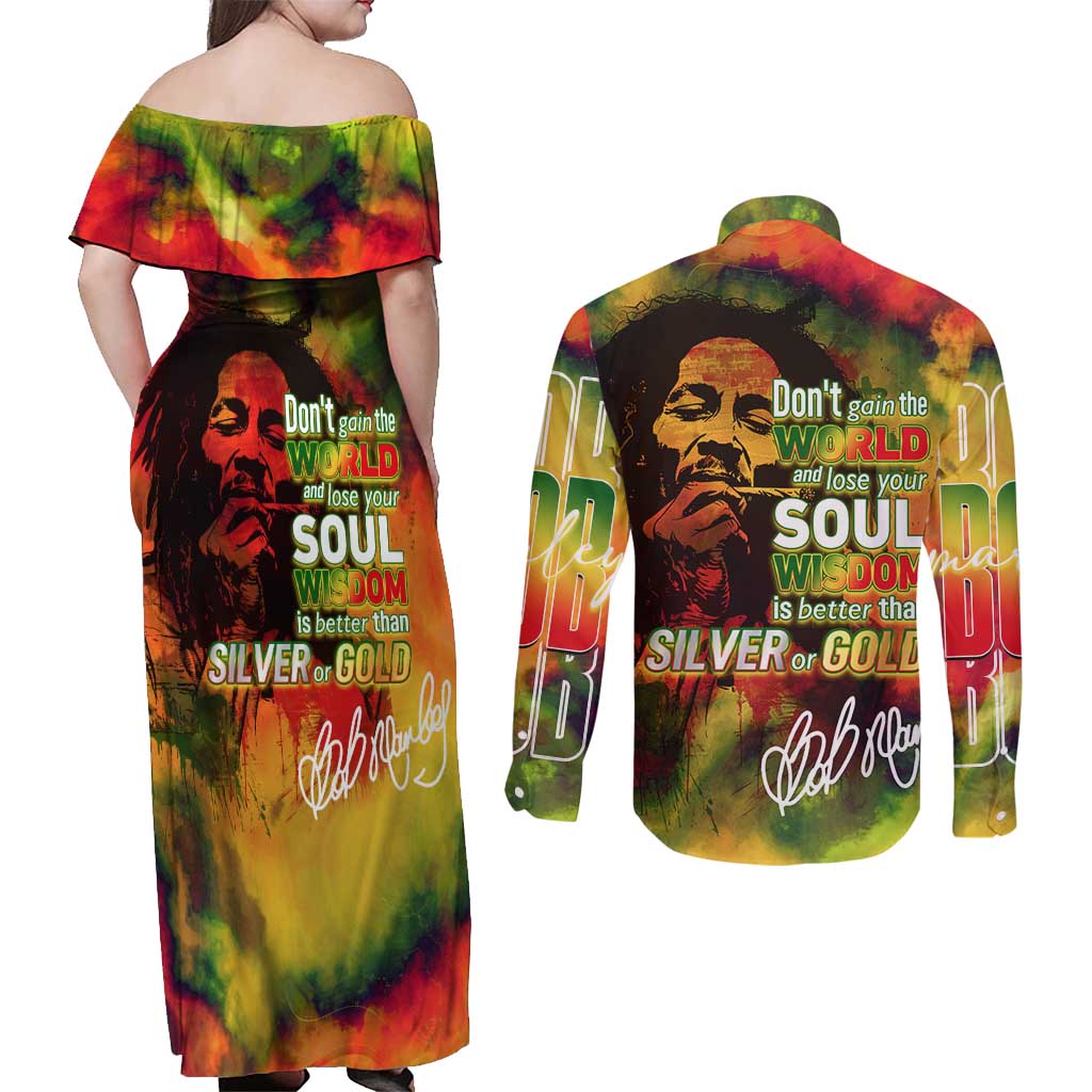 The Legend of Reggae Couples Matching Off Shoulder Maxi Dress and Long Sleeve Button Shirt Bob One Love Colorful Art
