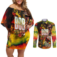 The Legend of Reggae Couples Matching Off Shoulder Short Dress and Long Sleeve Button Shirt Bob One Love Colorful Art