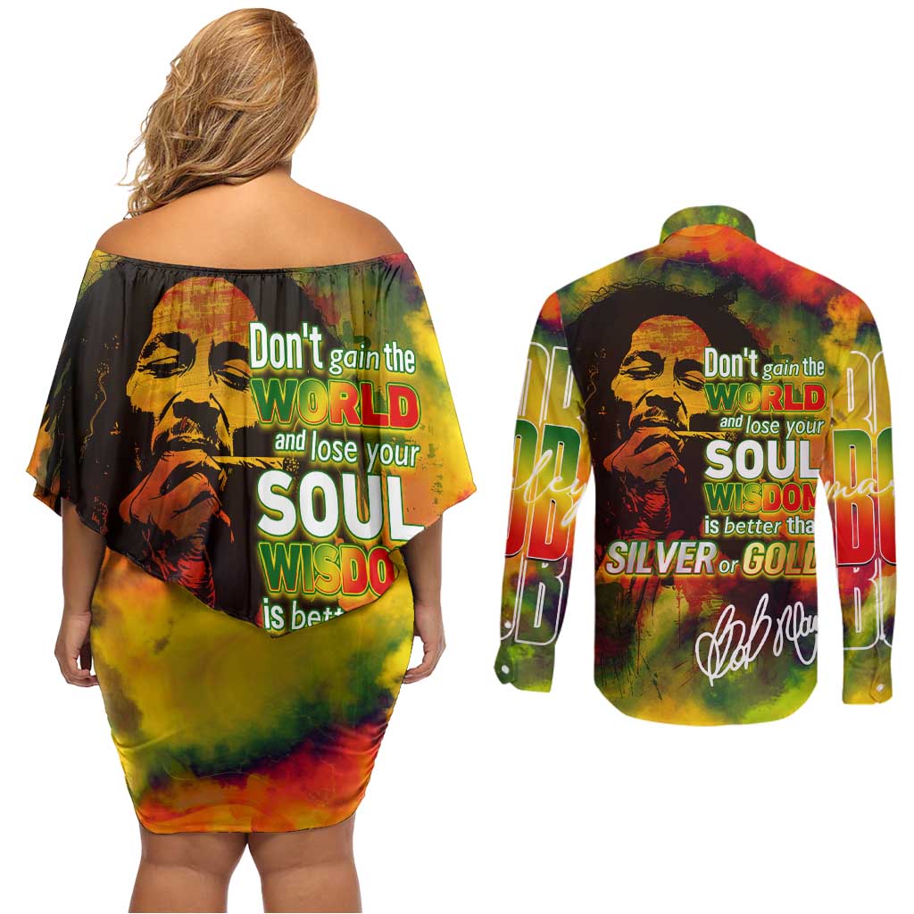 The Legend of Reggae Couples Matching Off Shoulder Short Dress and Long Sleeve Button Shirt Bob One Love Colorful Art