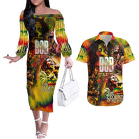 The Legend of Reggae Couples Matching Off The Shoulder Long Sleeve Dress and Hawaiian Shirt Bob One Love Colorful Art