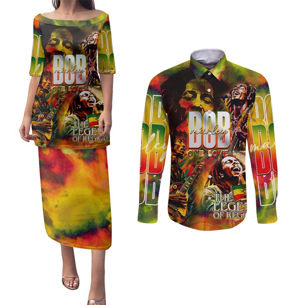 The Legend of Reggae Couples Matching Puletasi and Long Sleeve Button Shirt Bob One Love Colorful Art