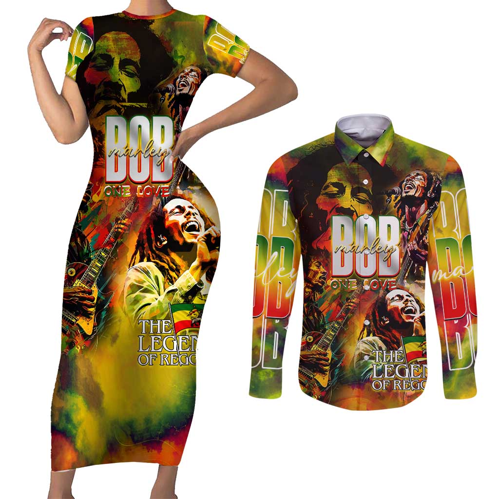The Legend of Reggae Couples Matching Short Sleeve Bodycon Dress and Long Sleeve Button Shirt Bob One Love Colorful Art