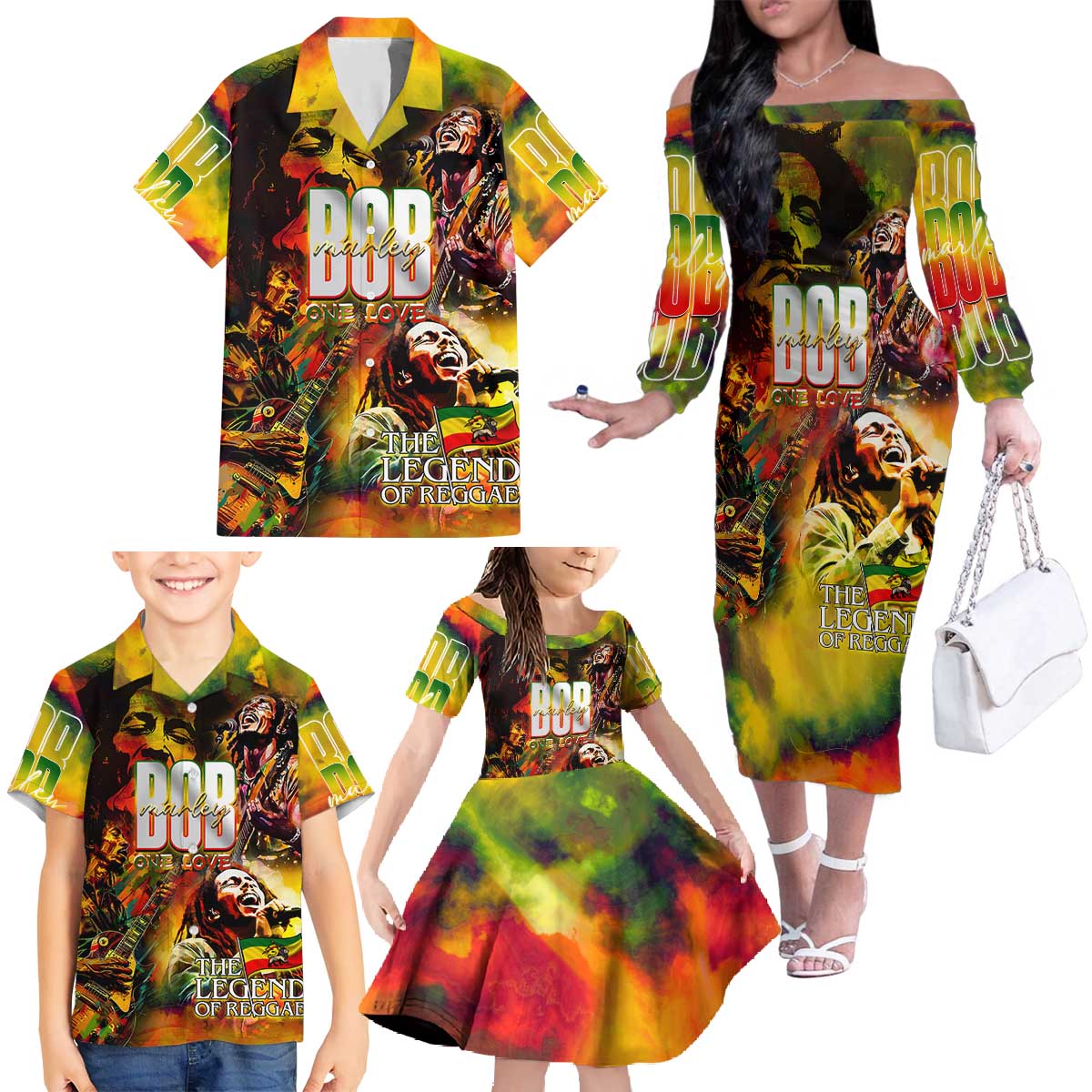 The Legend of Reggae Family Matching Off The Shoulder Long Sleeve Dress and Hawaiian Shirt Bob One Love Colorful Art