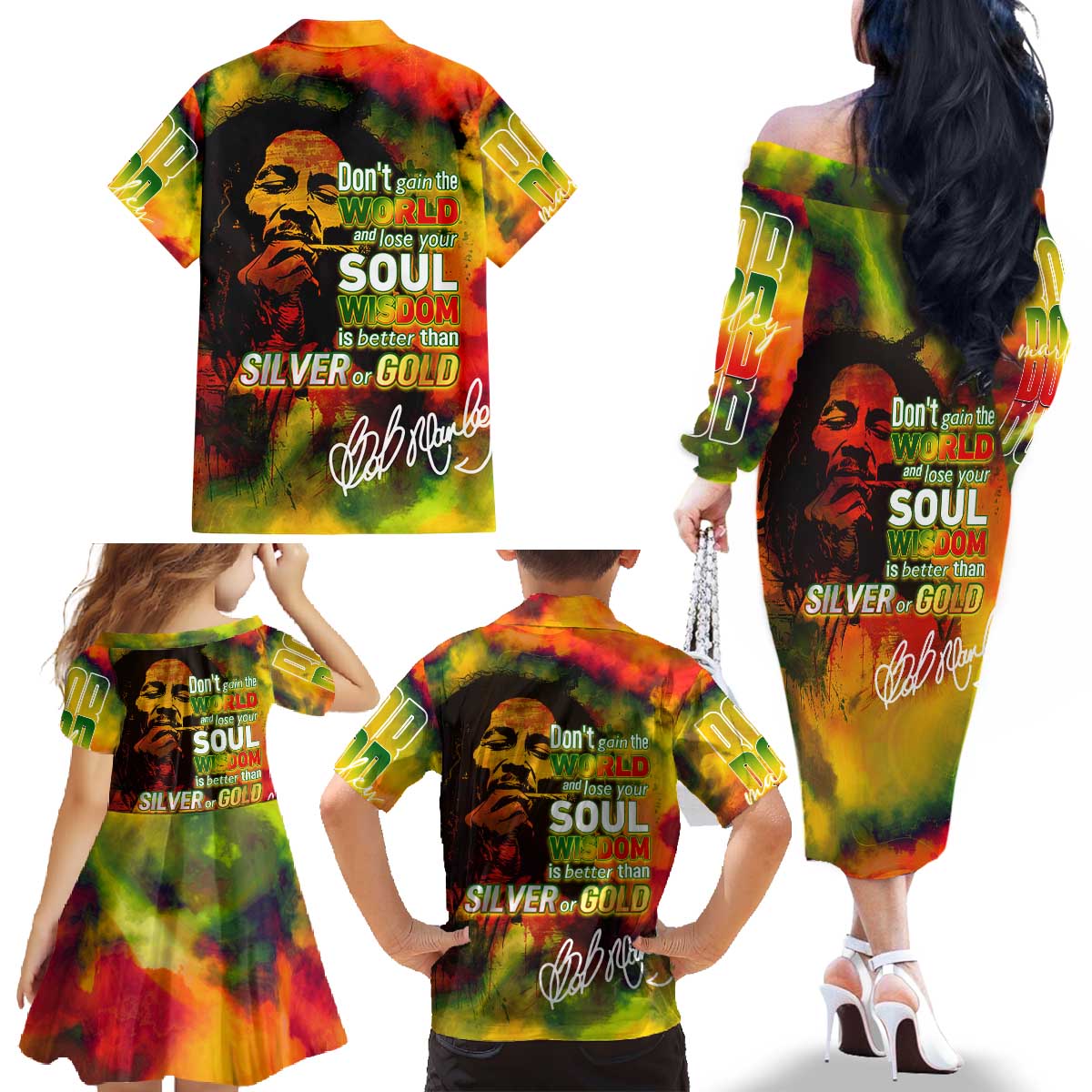 The Legend of Reggae Family Matching Off The Shoulder Long Sleeve Dress and Hawaiian Shirt Bob One Love Colorful Art