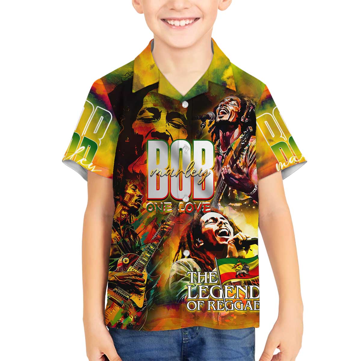 The Legend of Reggae Family Matching Off The Shoulder Long Sleeve Dress and Hawaiian Shirt Bob One Love Colorful Art