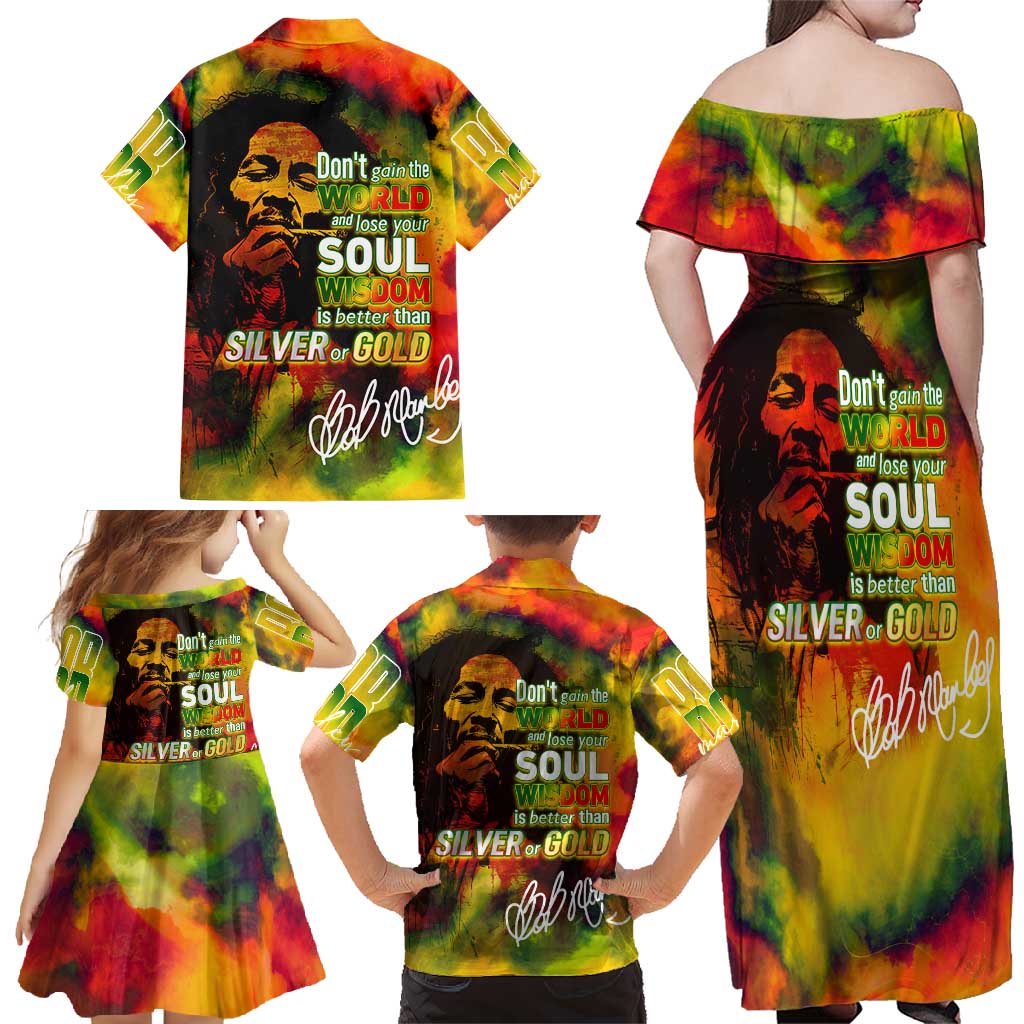 The Legend of Reggae Family Matching Off Shoulder Maxi Dress and Hawaiian Shirt Bob One Love Colorful Art