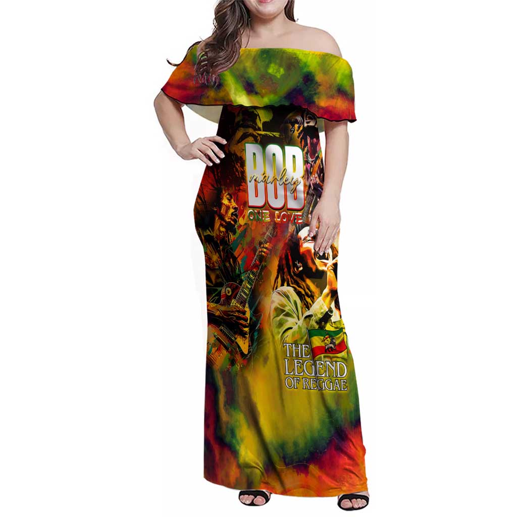 The Legend of Reggae Family Matching Off Shoulder Maxi Dress and Hawaiian Shirt Bob One Love Colorful Art