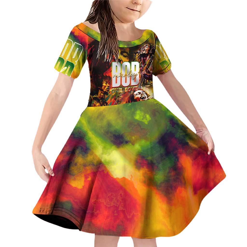The Legend of Reggae Family Matching Off Shoulder Short Dress and Hawaiian Shirt Bob One Love Colorful Art