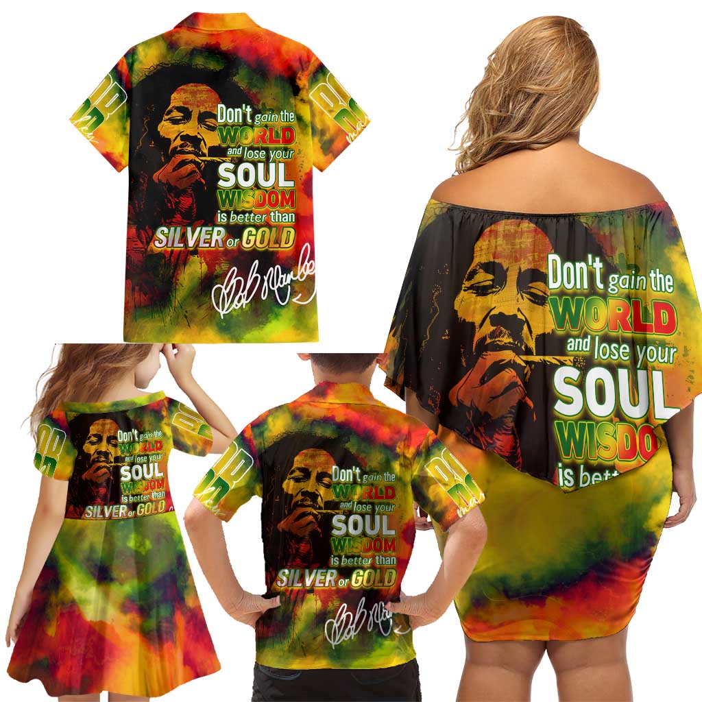 The Legend of Reggae Family Matching Off Shoulder Short Dress and Hawaiian Shirt Bob One Love Colorful Art