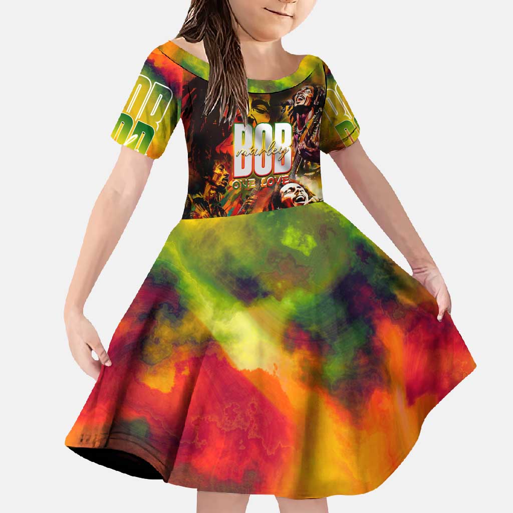The Legend of Reggae Family Matching Short Sleeve Bodycon Dress and Hawaiian Shirt Bob One Love Colorful Art